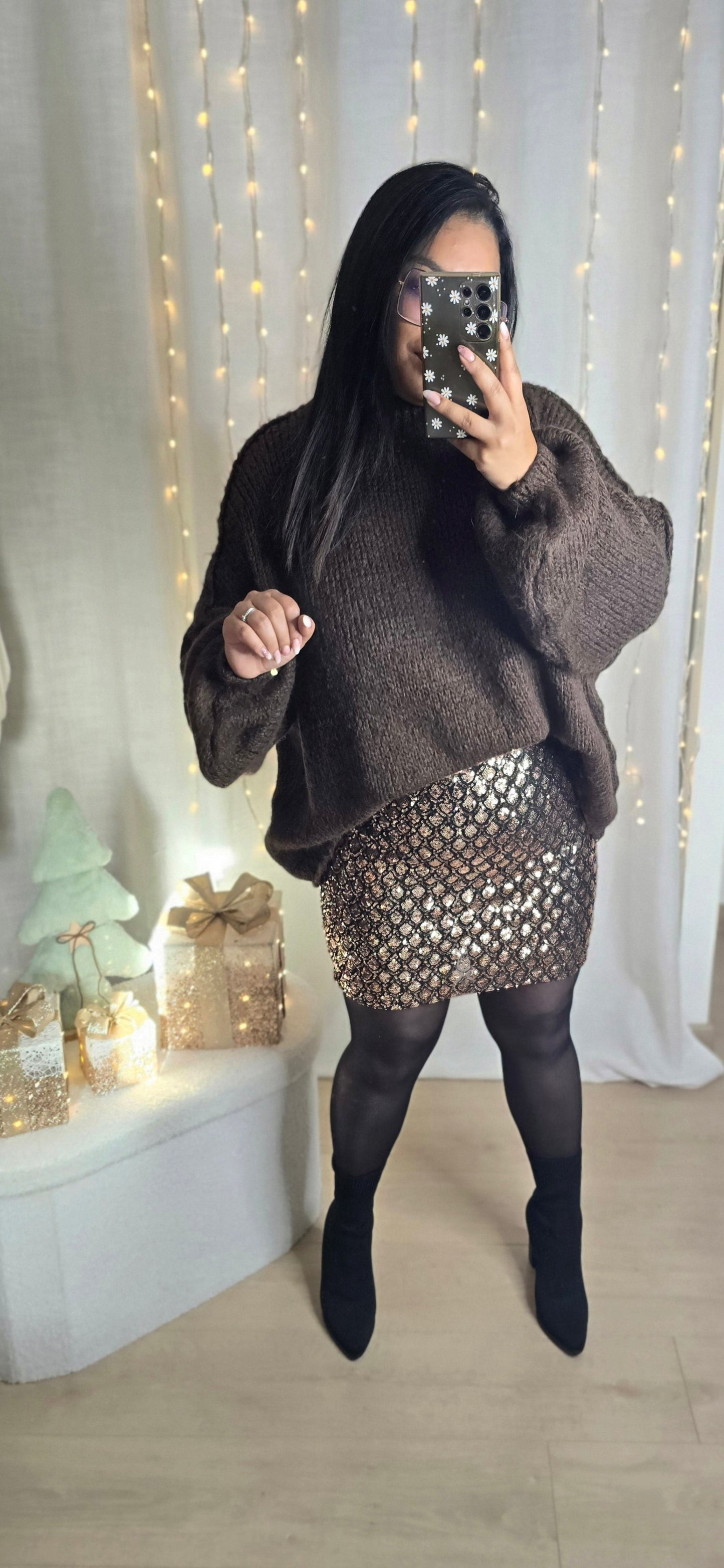 "Full Paillettes" - Pull Aria Marron Chocolat