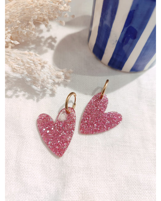 Boucles d'oreilles cœur - paillette fushia